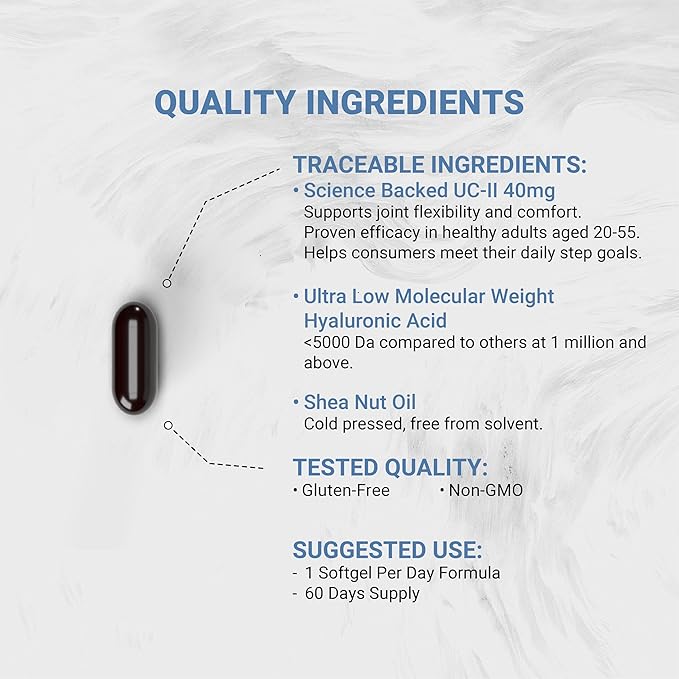 UC-II 40 mg with Hyaluronic Acid and Shea Nut Oil | Enhanced Undenatured Type II Collagen for Better Joint Health, Mobility & Flexibility | Gluten-Free & Non-GMO | 60 Softgels