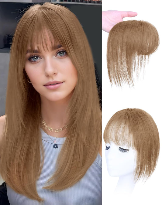 Hair Toppers for Women Real Human Hair, Bangs Hair Clip 360°3D Cover Clip on Bangs for Women Fake Bangs for Daily Wear (10 Inch Light Brown)