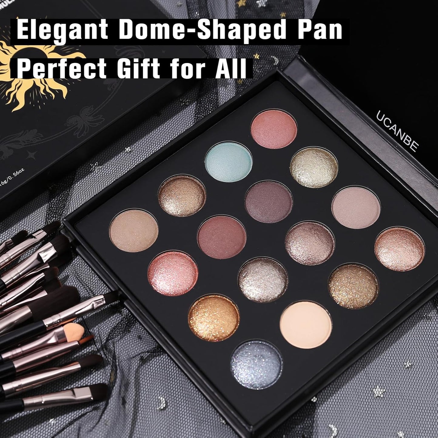 UCANBE Baked Eyeshadow Palette with 15PCS Brushes Makeup Set, 16 Color Natural Nude Matte Shimmer Metallic Eye Shadow Make Up Pallet for Women Girls, High Pigmented Long Lasting Waterproof