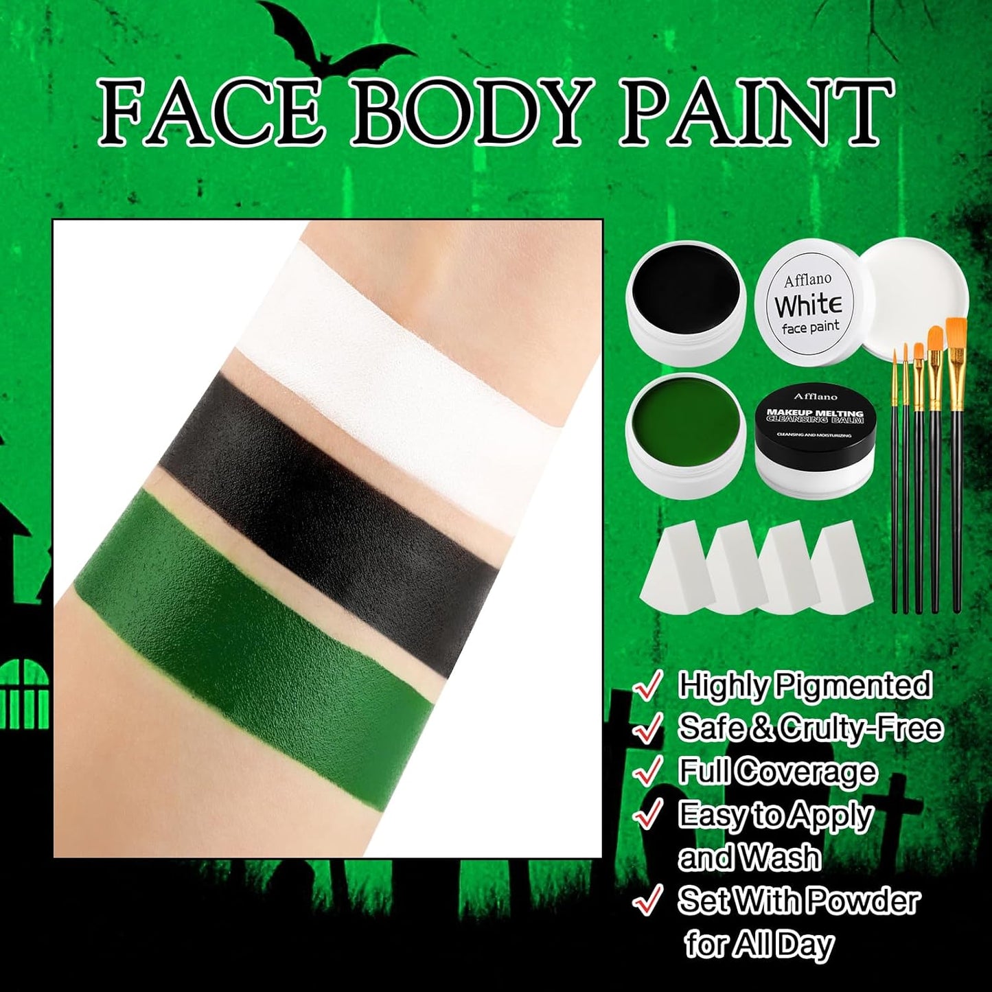 Black White Green Face Paint Kit – 3×50g Oil-Based Grease Makeup with Remover Balm, Brushes & Sponges – Waterproof, Sweat-Proof, Full Coverage Halloween, Cosplay & Stage SFX Makeup