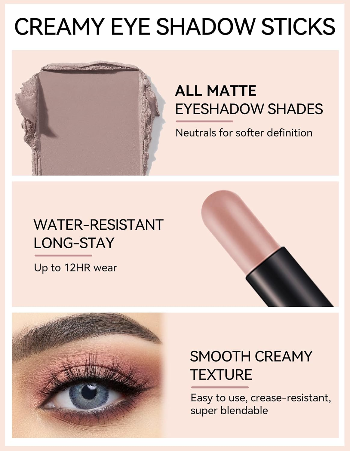 Erinde Waterproof Cream Eyeshadow Stick, Matte Nude Eye Shadow Sticks, Longwear Blendable High Pigmented, Neutral Eye Shadow Sticks Matte for Older Eyes, Smokey Eyeshadow Pencil Crayon, 12 Warm Brown