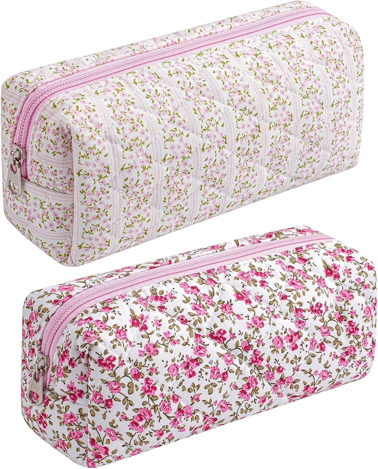 Cute Floral Cotton Makeup Brush Cosmetic Bag for Women, Travel Quilted Zipper Make Up Bag, Flowers Toiletry Organizer Case Kawaii Makeup Cosmetic Travel Cloth Pouch (Pink+Red Floral)
