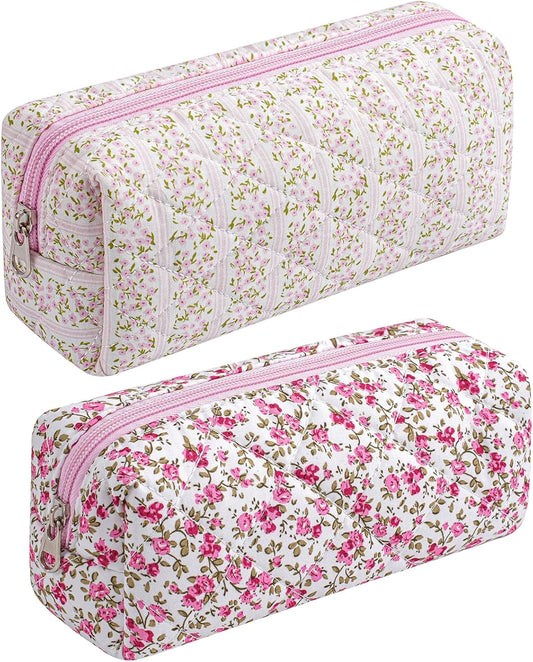 Cute Floral Cotton Makeup Brush Cosmetic Bag for Women, Travel Quilted Zipper Make Up Bag, Flowers Toiletry Organizer Case Kawaii Makeup Cosmetic Travel Cloth Pouch (Pink+Red Floral)