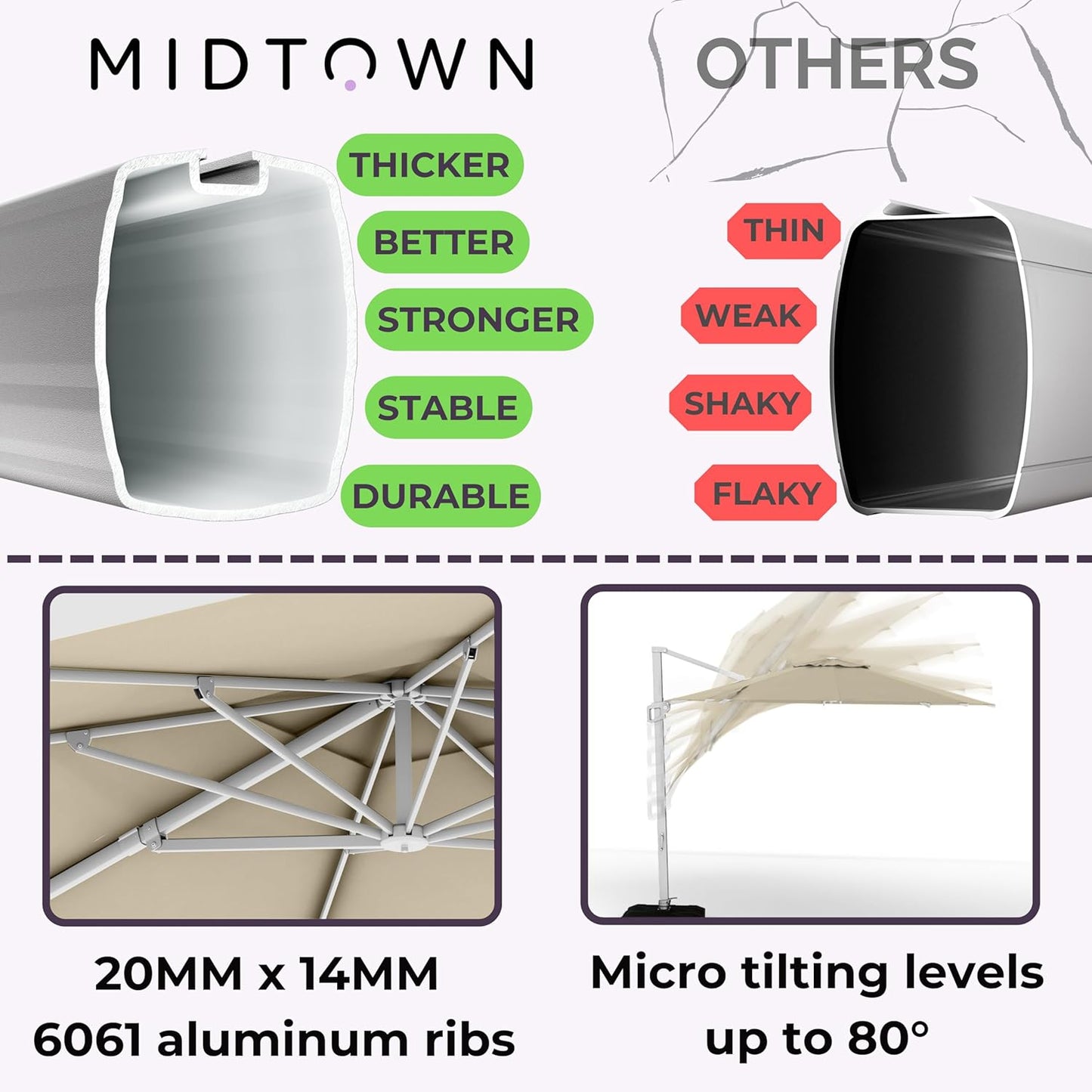 Midtown Umbrellas 10 Ft Outdoor Cantilever Patio Umbrella w/Terylast Chestnut Beige Fabric - Rotate 360° Offset Patio Umbrella, Deck Patio Umbrella, Backyard Umbrella & Garden Umbrella - Silver Frame