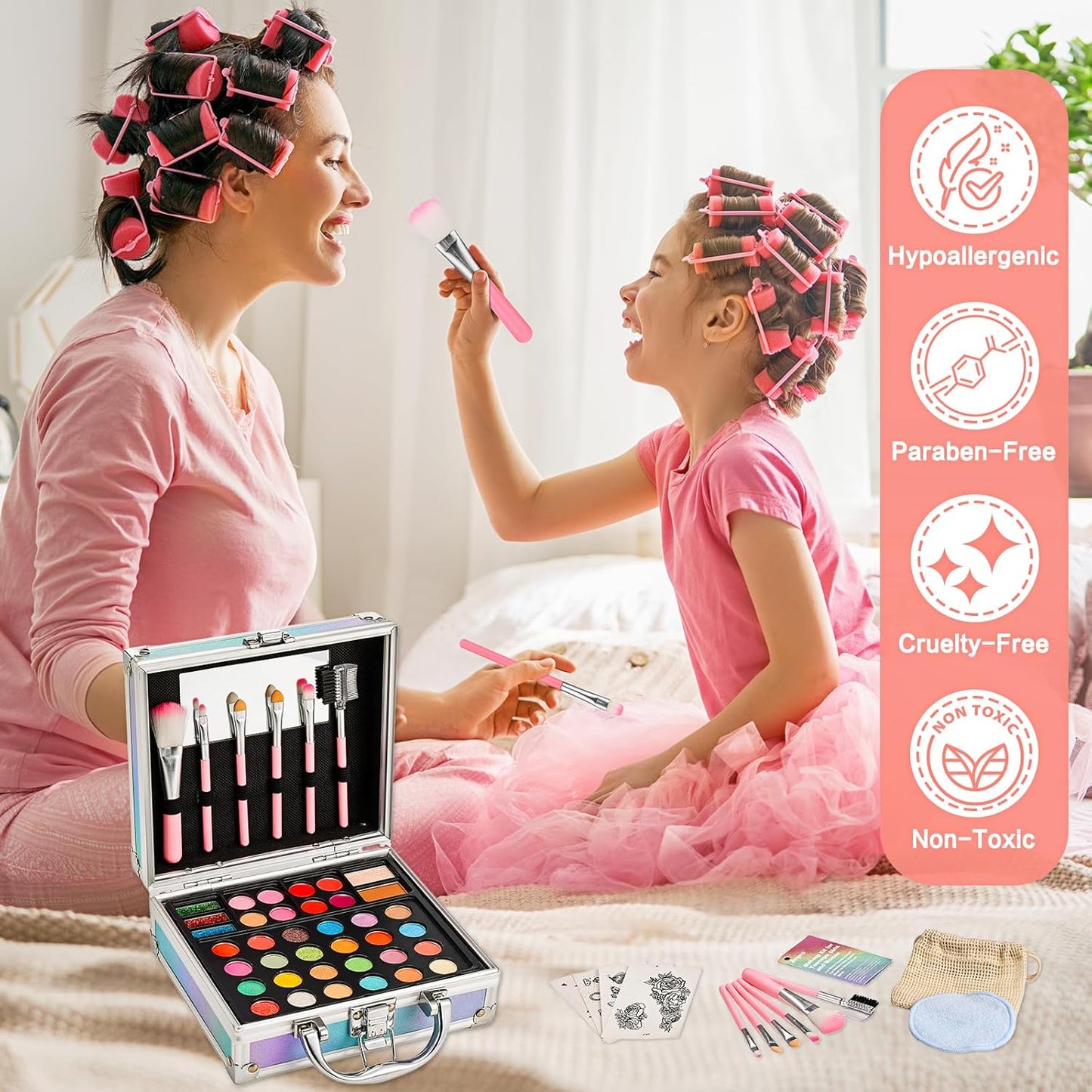 Anpro All-in-One Makeup Carry Case with Pro Teen Makeup Set, Full Starter Cosmetics Kit with Makeup Brushes, Eye Shadows Palette, Blushes, Glitter Gel, Temporary Tattoo Stickers - Pink, Style01