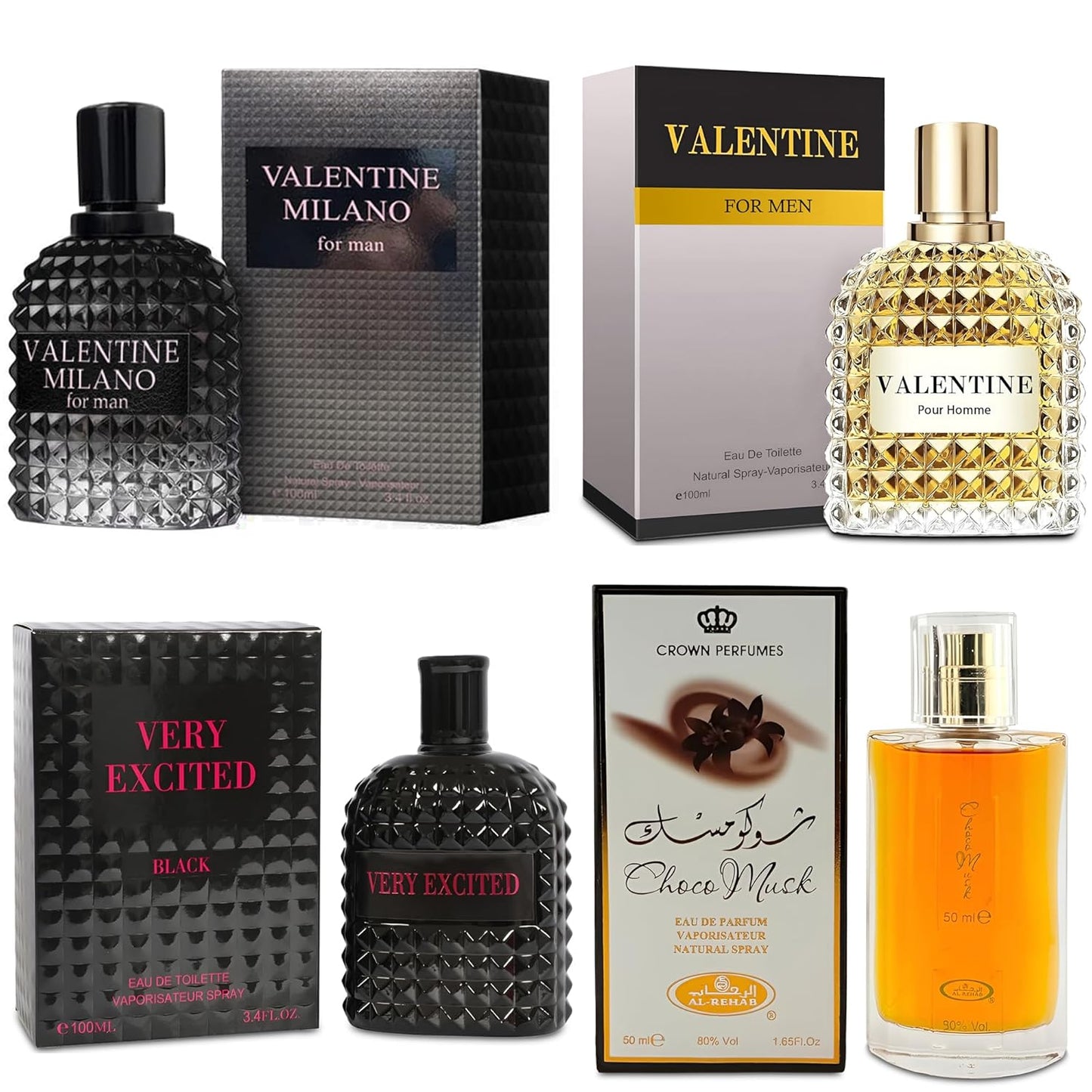 Men's Cologne Gift Set Include Valentine Milano,Valentine,Choco Musk & Very Excited - 3.4 Fl Oz Each | Vanilla Bourbon, Leather & Amber Floral Fragrance | Luxury Eau de Toilette Quartet