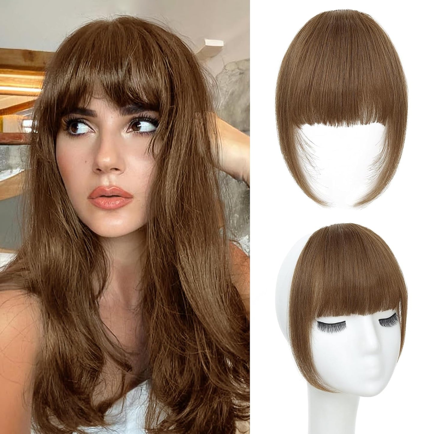 Clip In Bangs for Women, Moca Brown French Bangs Hair Clip with Temples, 100% Real Human Hair Layered Curved Fringe for Halloween and Daily Use(Moca Brown, French Bangs)