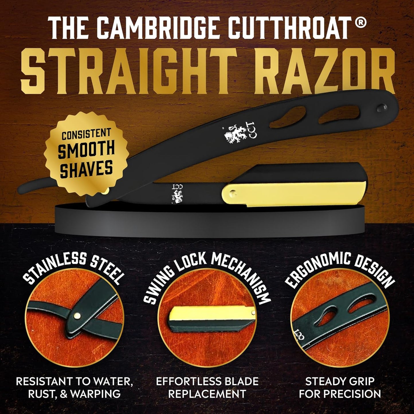 The Cambridge Cutthroat® Cut Throat Razor Kit with Blades & Travel Pouch - Black & Gold Stainless Steel Professional Barber Shaver Men - Straight Edge Moustache & Beard Shaper