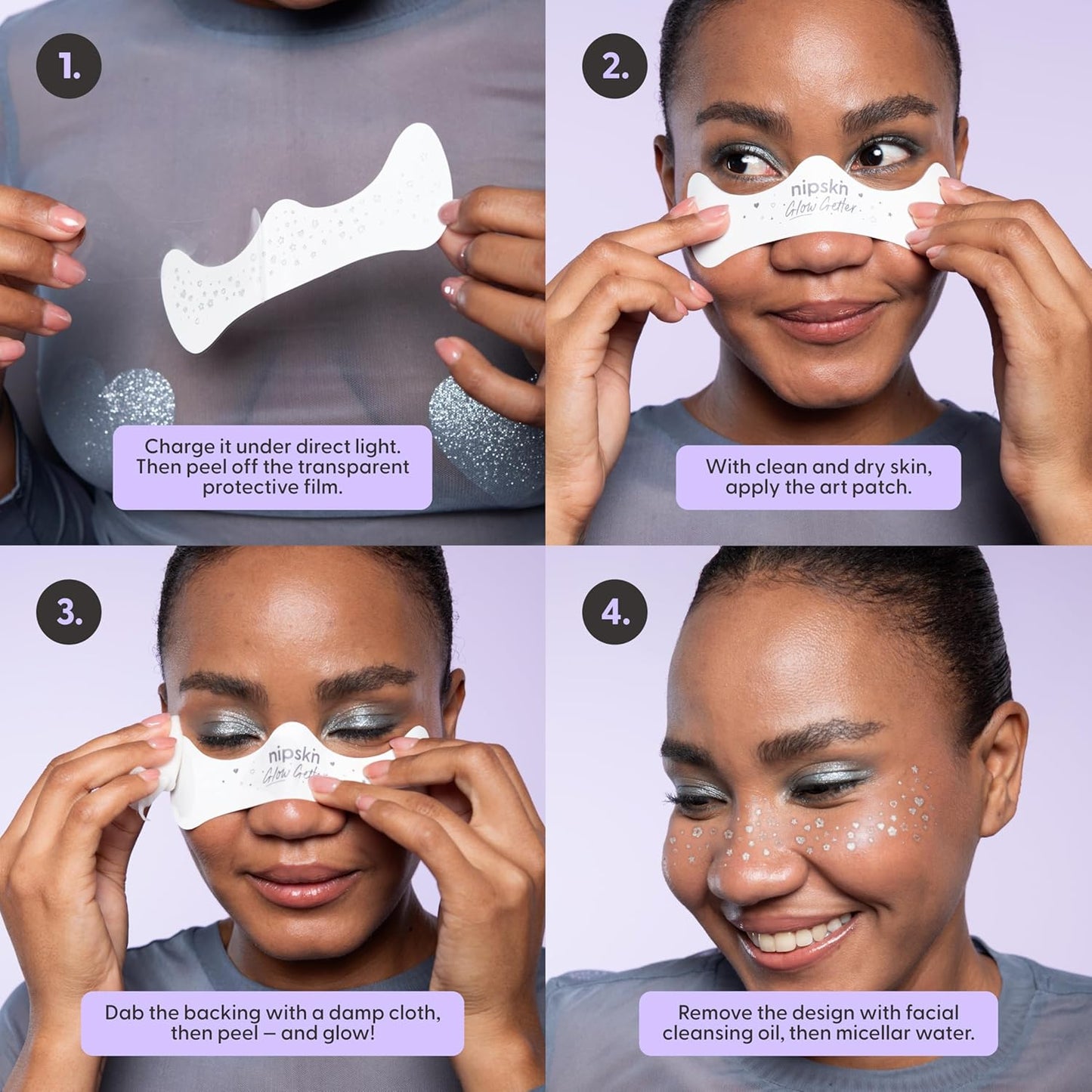 Nipskin Glow Getter Stick-On Face & Body Art Patches – Glow-in-the-Dark Stars & Hearts – Sweat-Proof, Soft on Skin – 4 Pieces