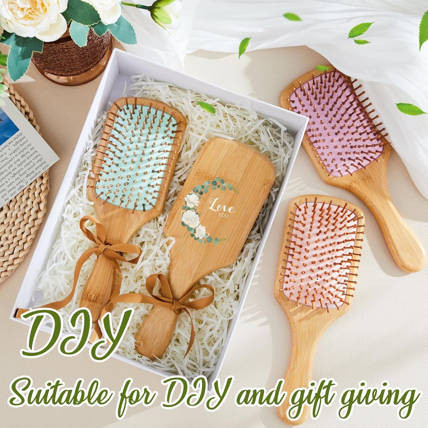 Tessco for you 12 Pcs Christmas Bamboo Hair Brushes Thanksgiving Bulk Wooden Paddle Brush Scalp Massage Bristle Anti Static Engraving DIY Gift for Women Wedding(9.65'' X 3.35'',Macaron)