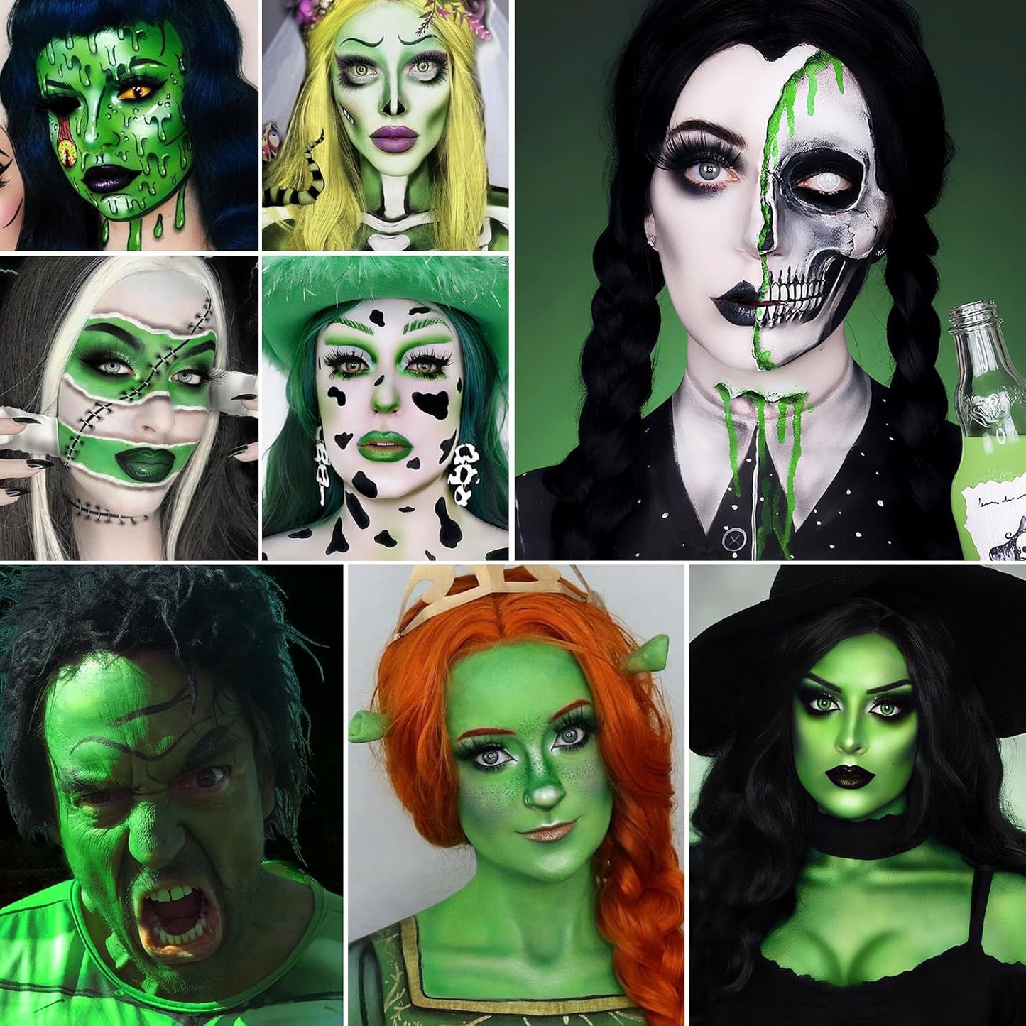 Black White Green Face Paint Kit – 3×50g Oil-Based Grease Makeup with Remover Balm, Brushes & Sponges – Waterproof, Sweat-Proof, Full Coverage Halloween, Cosplay & Stage SFX Makeup