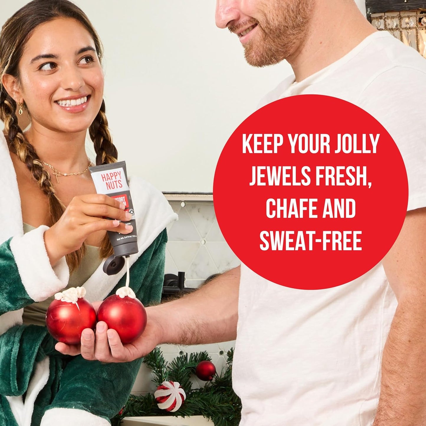 Happy Nuts Santa’s Big Sack - Funny Holiday Gift Box for Men - 4-in-1 Men's Care: Comfort Cream, Hydrating Body Wash, Whole Body Deodorant Stick, Anti-Chafing Powder - Hilarious Gift Basket for Him