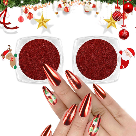 Allstarry Red Chrome Nail Powder, 2pcs Metallic Mirror Effect Dust Glitter Glazed Manicure Decoration Reflective Pigment for Gel Polish Valentines Nails Christmas Decoration- Red
