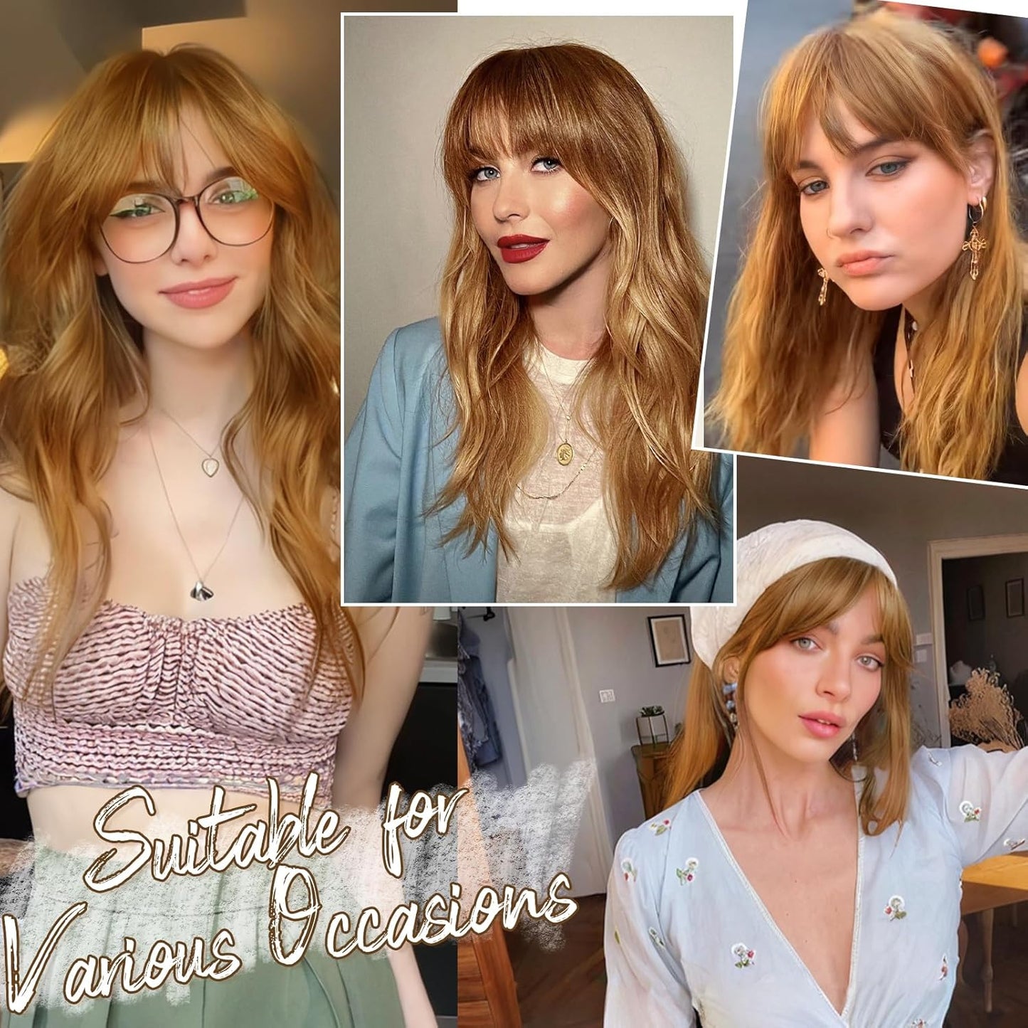 BARSDAR Clip in Bangs Human Hair - Real Human Hair Clip in Bangs for Women - Ginger Blonde Wispy Bangs Extensions Fringe with Temples Dyeable Real Hair Bangs Hairpieces - Golden Ginger Blonde