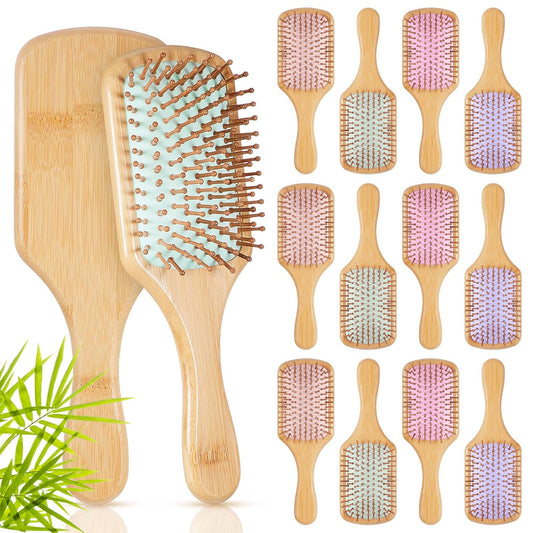 Tessco for you 12 Pcs Christmas Bamboo Hair Brushes Thanksgiving Bulk Wooden Paddle Brush Scalp Massage Bristle Anti Static Engraving DIY Gift for Women Wedding(9.65'' X 3.35'',Macaron)