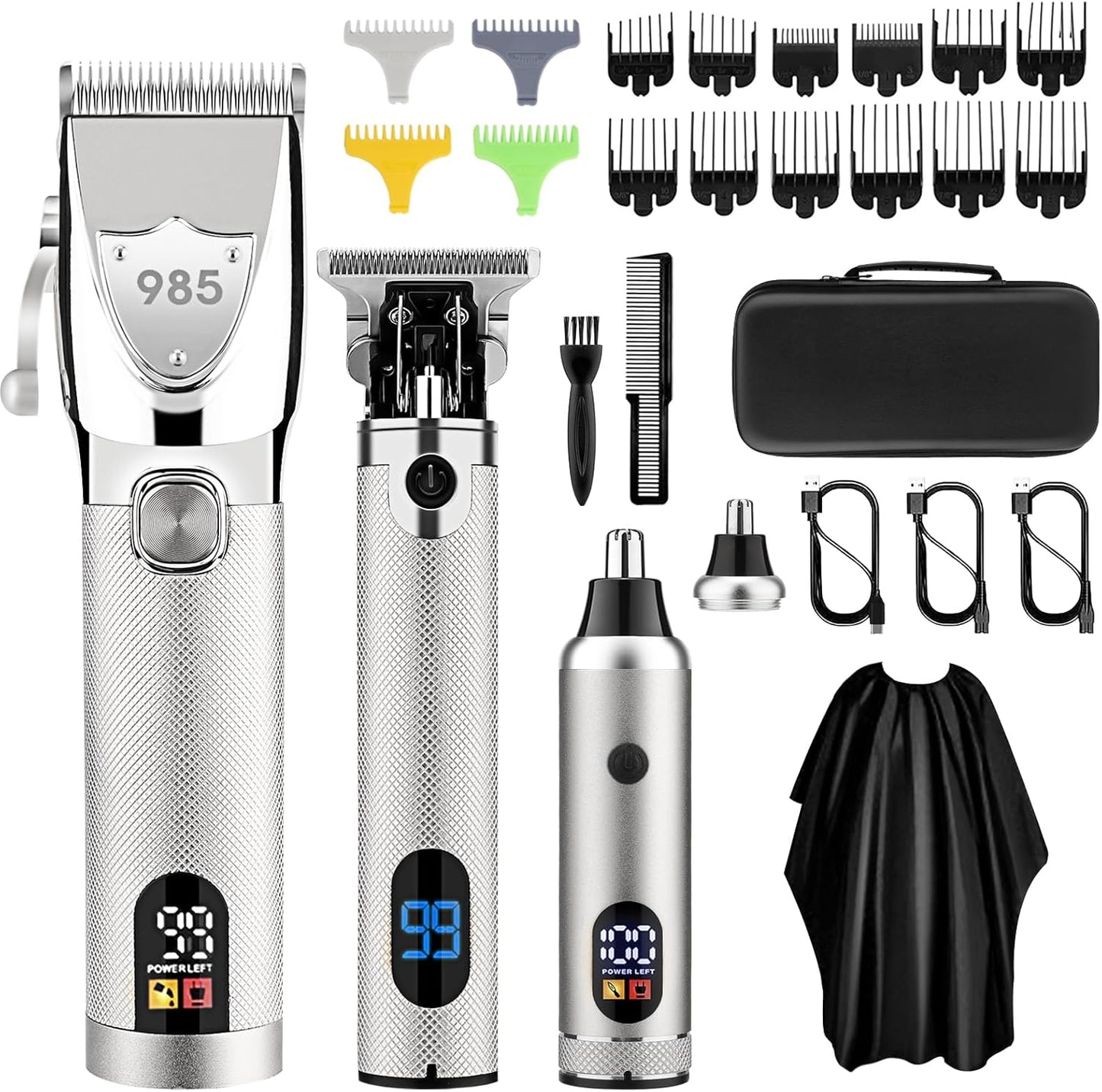 Professional Hair Clippers for Men, Electric Cordless Clippers and Trimmers Set, Nose Hair Beard Trimmer, Hair Cutting Barber Clippers with Guards, T Liners Edgers Clippers for Mens (Silver)