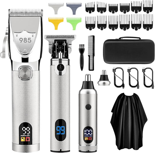 Professional Hair Clippers for Men, Electric Cordless Clippers and Trimmers Set, Nose Hair Beard Trimmer, Hair Cutting Barber Clippers with Guards, T Liners Edgers Clippers for Mens (Silver)