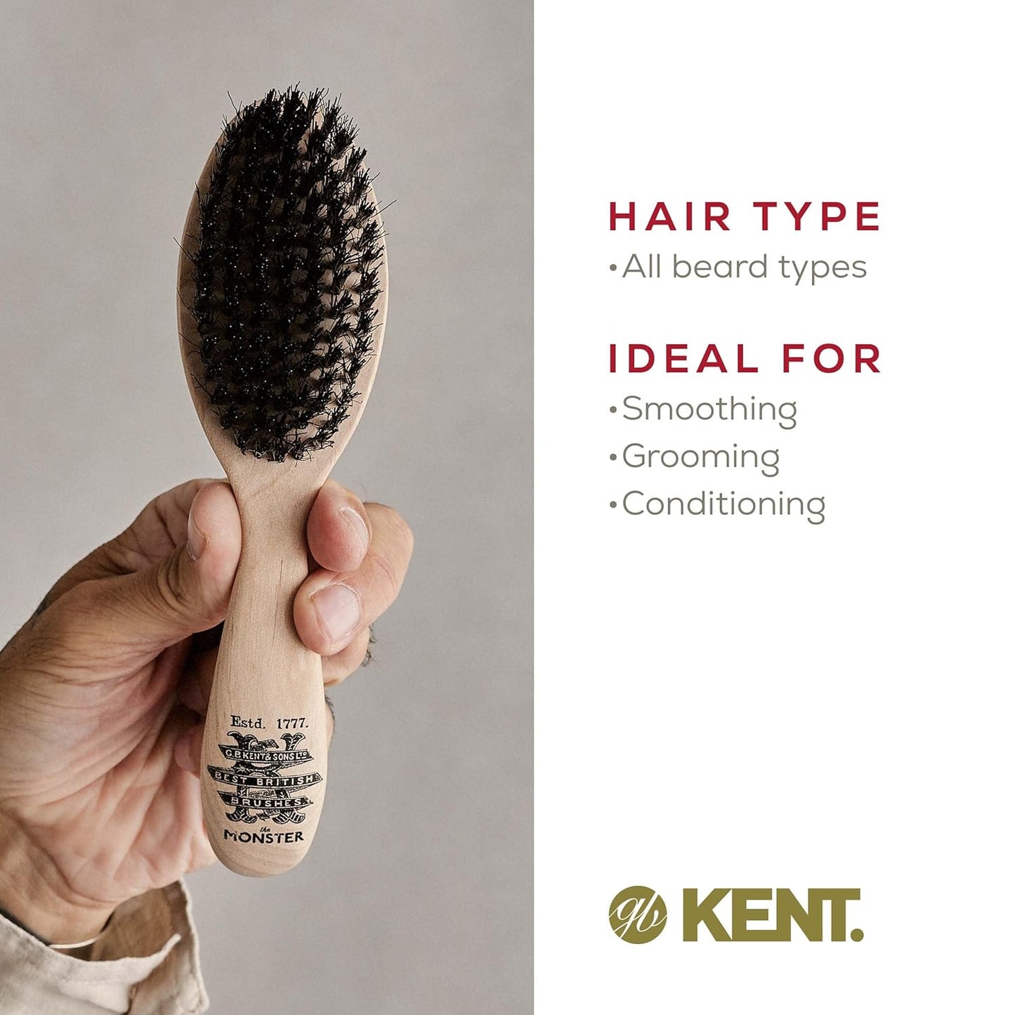 Kent BRD5 Men's Beard and Mustache Brush - Hand-Mixed Horsehair and Nylon Blend for Flawless Shaping and Grooming, Ergonomic Pistol-Like Grip Wood Handle, Dry or Wet Beard, Distributes Oils/Balms