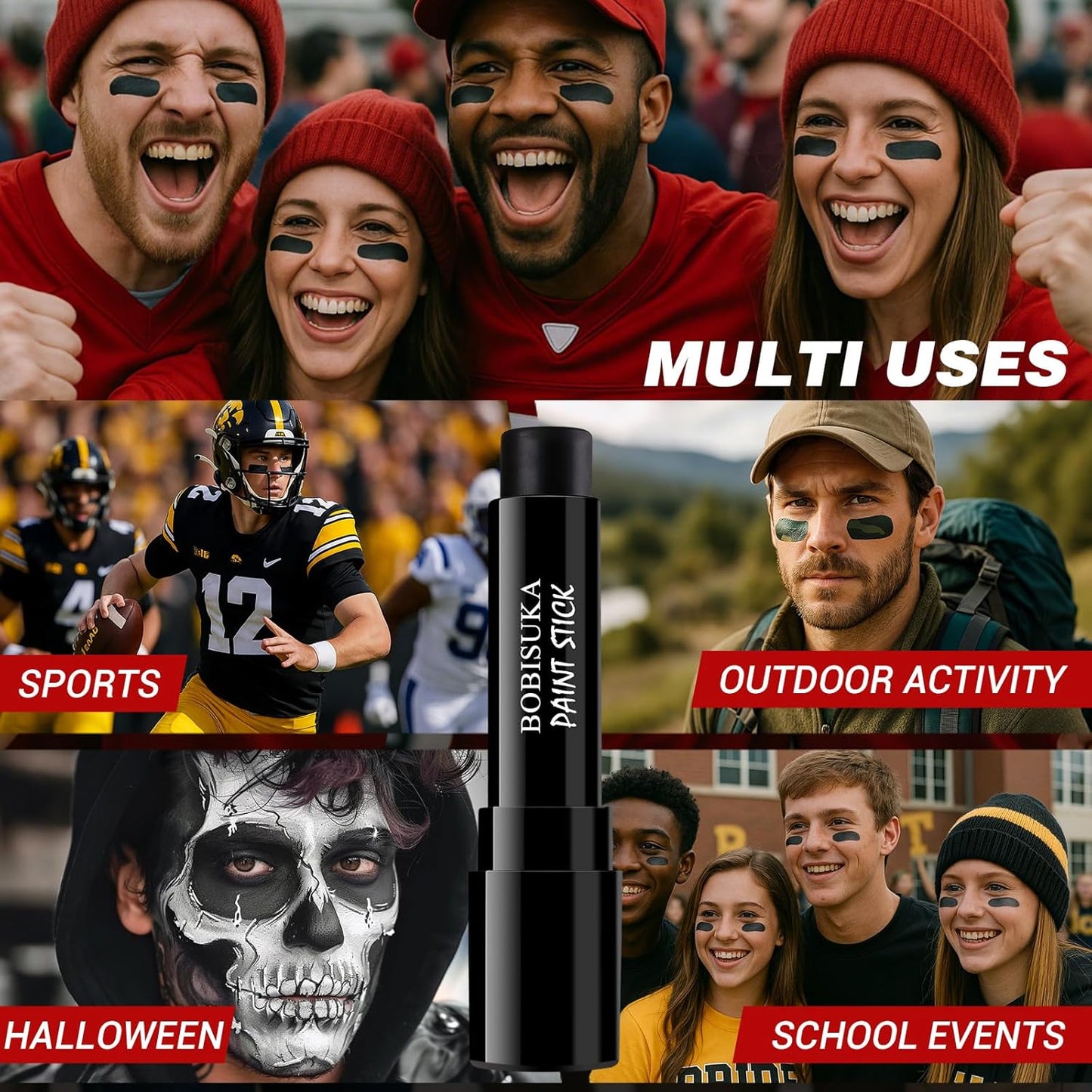 5PCS Black Face Body Paint Stick, Oil Based Face Painting Kit for Halloween Gothic Skull Skeleton Costume Cosplay Makeup, Sports Eye Black for Football, Baseball, Softball - Anti Glare Eye Stick -