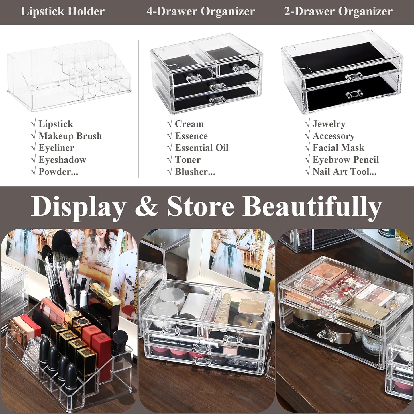 Sea Team 3-Layer Stackable Clear Makeup Organizer with Drawers, Acrylic Plastic Cosmetic Display Case, Jewelry Storage Box for Dresser, Bathroom, Vanity, Countertop (6 Drawers, 1 Lipstick Holder)