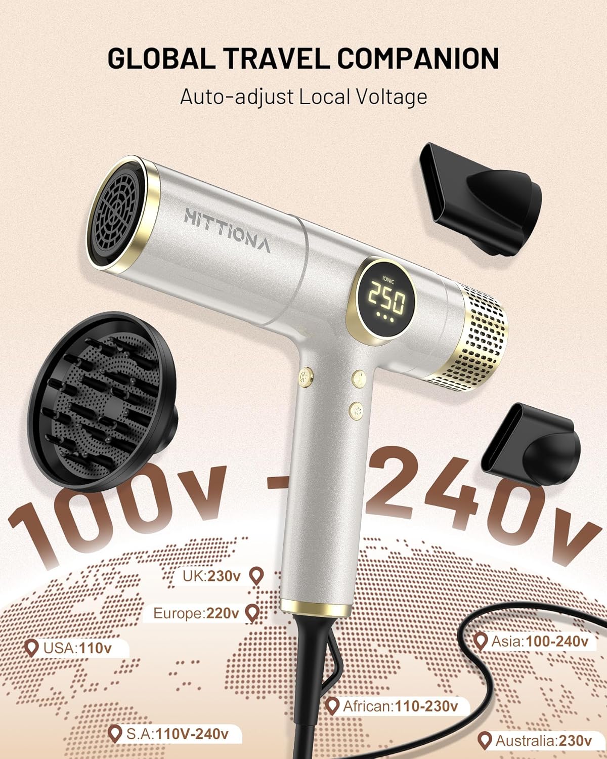 Dual Voltage Travel Hair Dryer with Diffuser - 2000W High-Speed Ionic Diffuser Hair Dryers for Women, Fast Drying, Low Noise, Lightweight, No Heat Damage, European Travel 110V-120V/220V-240V