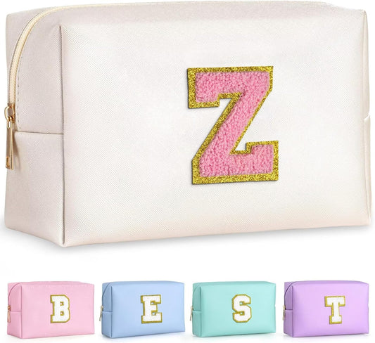 TOPEAST Preppy Makeup Bag, Small Cosmetic Travel Bags for Women, PU Leather Waterproof Toiletry Bag with Zipper, Personalized Birthday Gift for Women Girl, Preppy Gifts for Girl (Pearly White Z)