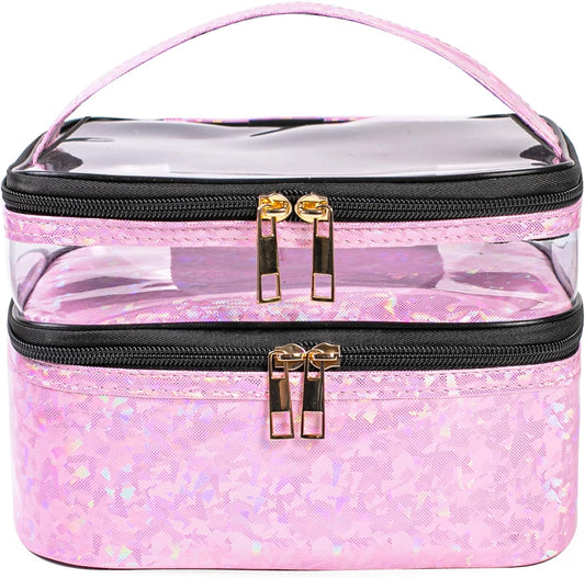 FITINI Makeup Bags Double Layer Travel Storage Cosmetic Cases Make-up Organizer Toiletry Bags Water-resistant for Women Makeup Brush Bag,Light Pink Holographic