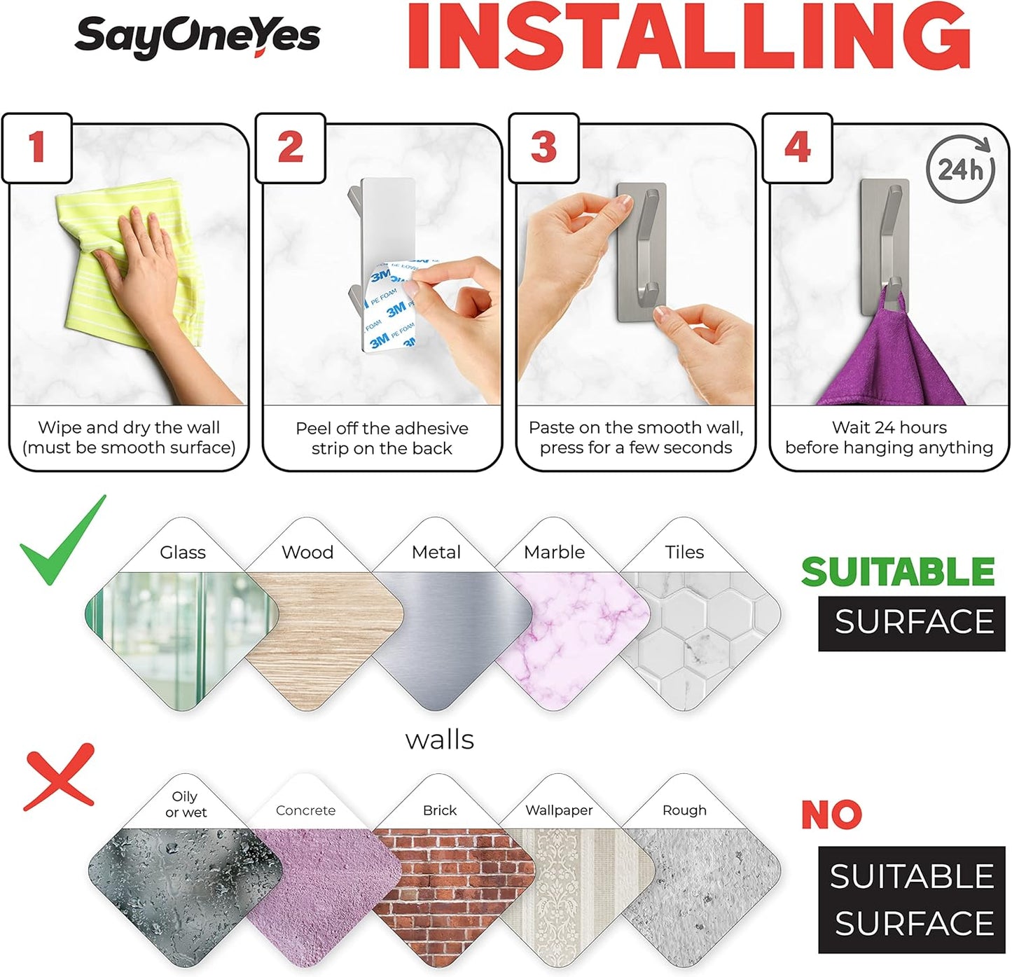 Brushed Nickel Self Adhesive Towel Hooks for Bathroom Wall Door Mounted - SUS304 Stainless Steel Strong Strips Stick on 3M Wall Hooks for Hanging Coat, Hat, Bag, Key, Jacket – 5 Pack