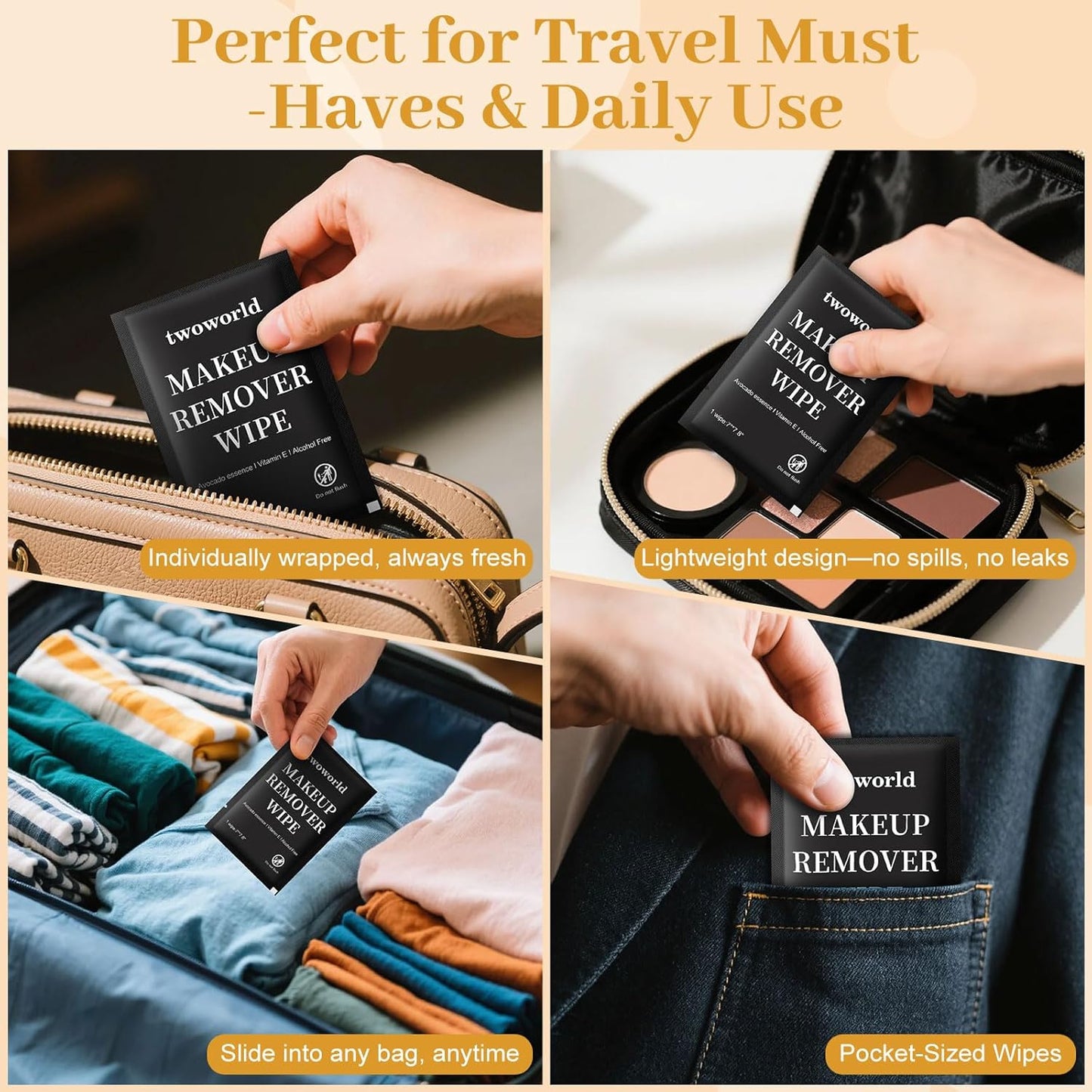 Makeup Remover Wipes Bulk Individually Wrapped,Travel Makeup Wipes Gentle for Face Cleansing Mascara Lipstick Travel Hotel（black,pack of 150)