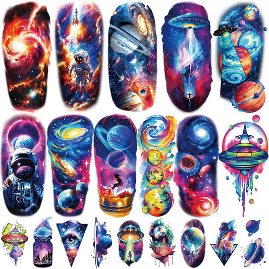 77 Sheets Temporary Tattoos, 17 Sheets Space Planet Astronaut Rockets Half Arm Fake Tattoo for Adults Men Women, 60 Sheets Small Waterproof Lasting Stickers Tattoo for Boys Girls Kids Party