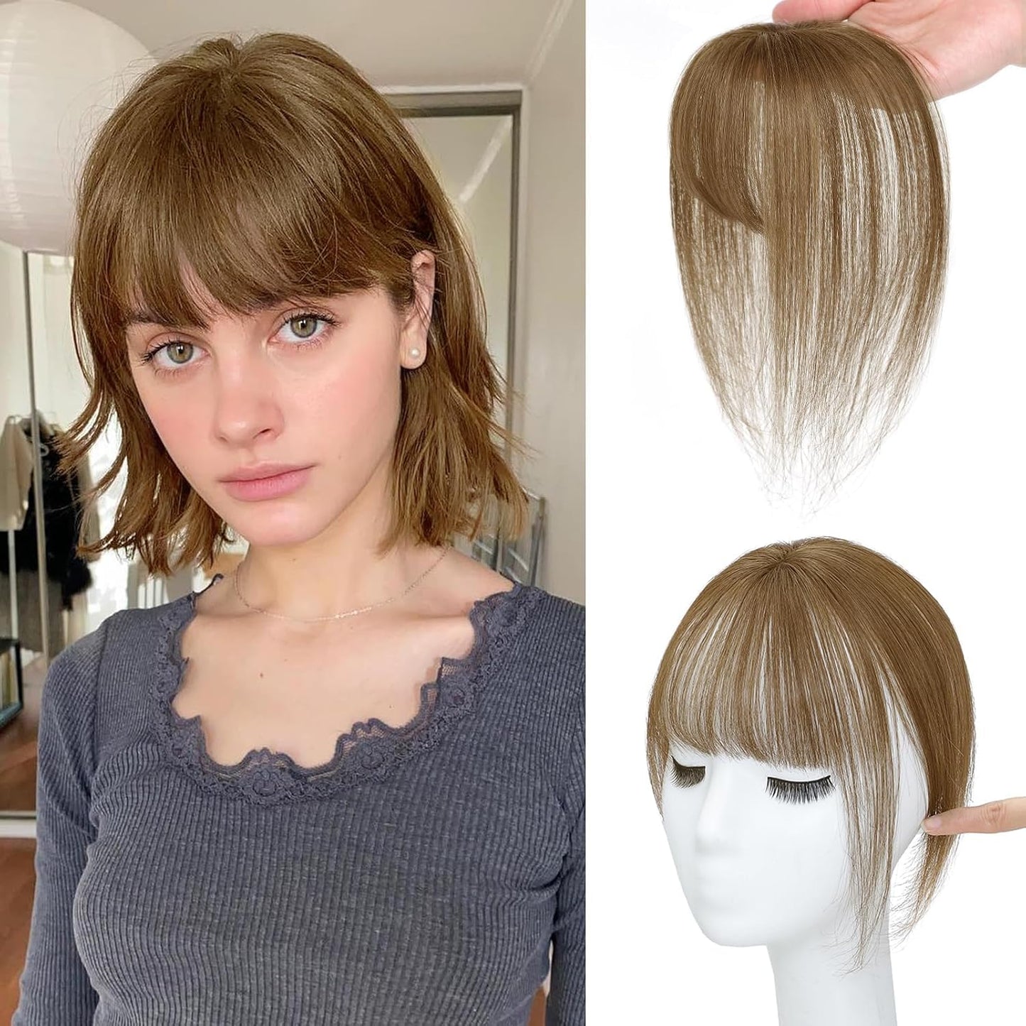 MORICA Bangs Hair Clip, 360° 3D Cover Clip in Bangs 100% Real Human Hair Toppers with Bangs，Hair pieces for Women Fake Bangs for Daily Wear (Light Brown, 5×7 3D Bangs)