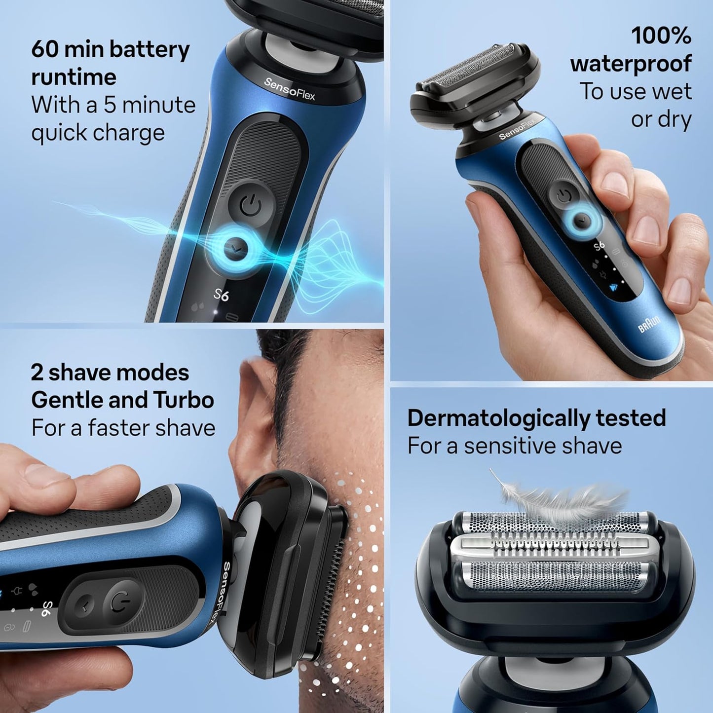 Braun Electric Shaver for Men, Series 6 6177cc, Wet & Dry Shave, Turbo & Gentle Shaving Modes, Foil Shaver, Blue