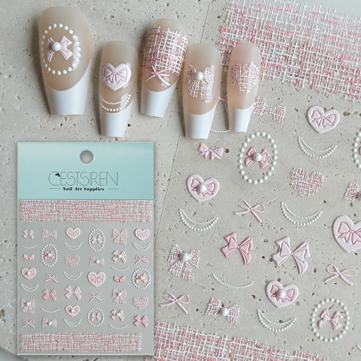 Pink Bow Nail Art Stickers, Embossed Elegant Cute Design, Pearl, Nail Accessories & Supplies, Durable & Long-Lasting