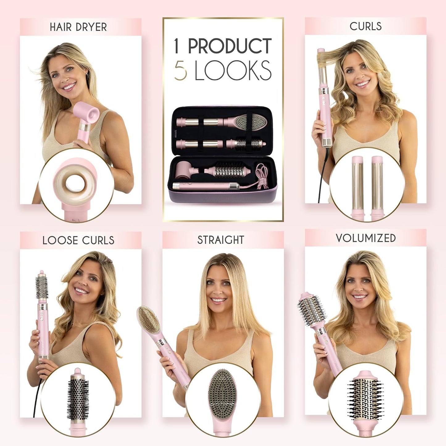 ELLA BELLA® 6-in-1 Hot Air Styler Pink & Heat Protectant Spray • Powerful Hair Dryer Set for Fast Curling, Volumizing, Straightening • Includes Travel Case • UV Shield & Nourishing Hair Care