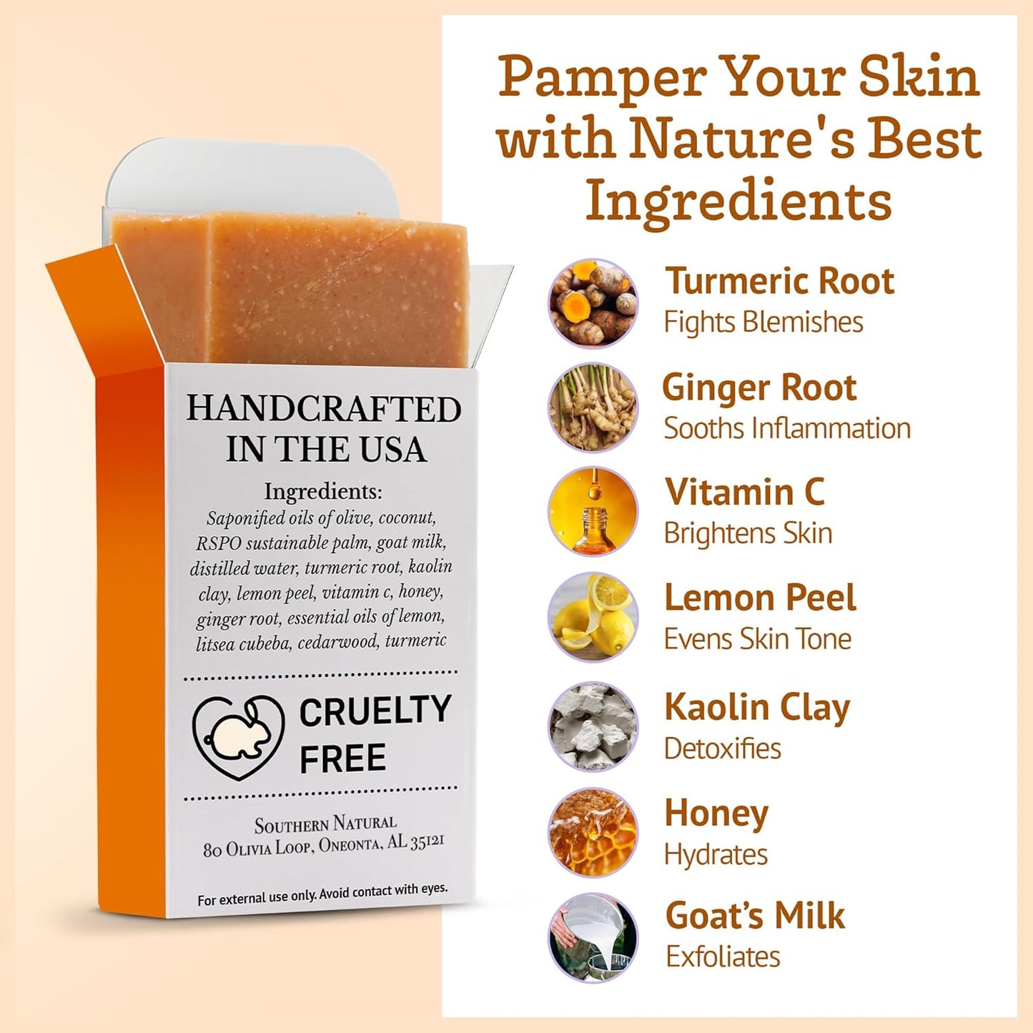 Southern Natural Turmeric Honey Lemon Goat Milk Soap - Handmade, All Natural Turmeric Soap Bar for Face & Body. Gentle Hydration & Nourishment For A Natural Glow & Even Skin Tone, 3 Pack