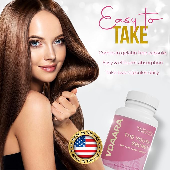 Hair, Skin and Nails Vitamins - 5000 mcg Biotin, Collagen, Natural Vitamin C A D3 Hyaluronic Acid - Supplement for Glowing Skin, Hair Growth for Men and Women – 60 Capsules