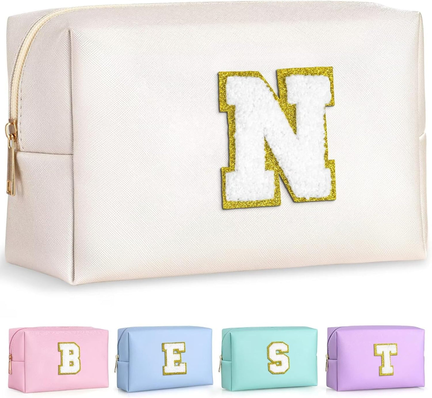 TOPEAST Preppy Stuff Cute Makeup Bag Small Cosmetic Bag Travel Toiletry Bag, Personalized Birthday Wedding Gifts for Mom Teacher Friends Bridesmaids, Preppy Travel Stuff for Girls (White N)