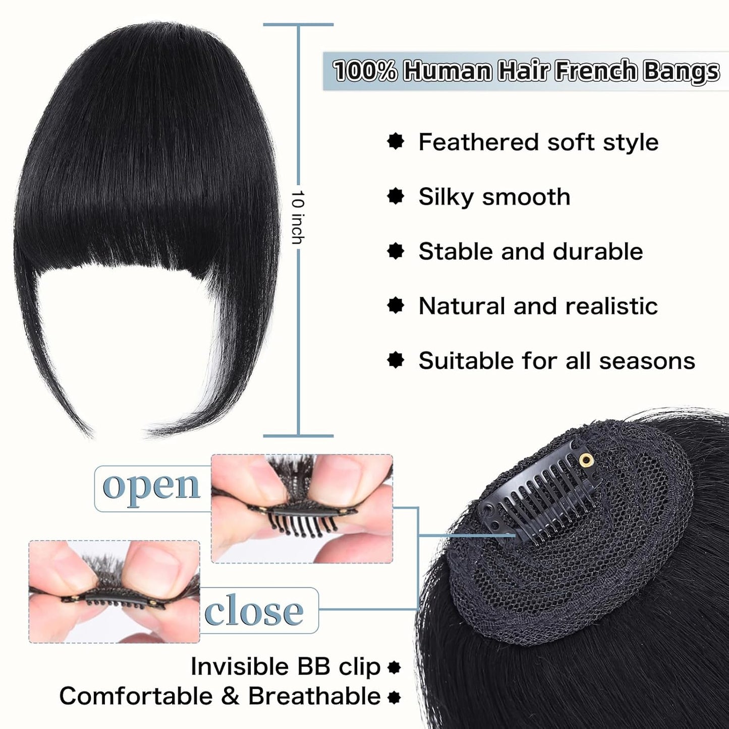 Clip In Bangs for Women, Natural Black French Bangs Hair Clip with Temples, 100% Real Human Hair Layered Curved Fringe for Halloween and Daily Use(Natural Black, French Bangs)