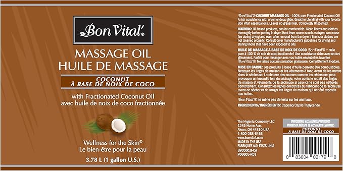 Bon Vital' Coconut Massage Oil with 100% Pure Fractionated Coconut Oil to Repair Dry Skin, Used by Massage Therapists and At-Home Use for Therapeutic Massages and Relaxation, 1 Gal, Label may Vary