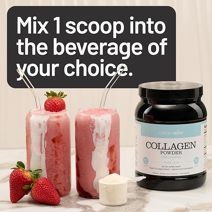 NatureWise Collagen Peptides Powder with Hyaluronic Acid and Vitamin C - Unflavored Collagen Peptides for Women & Men - Type I & III for Hair, Skin & Nails - Sugar, Gluten & Dairy Free - 60 Servings
