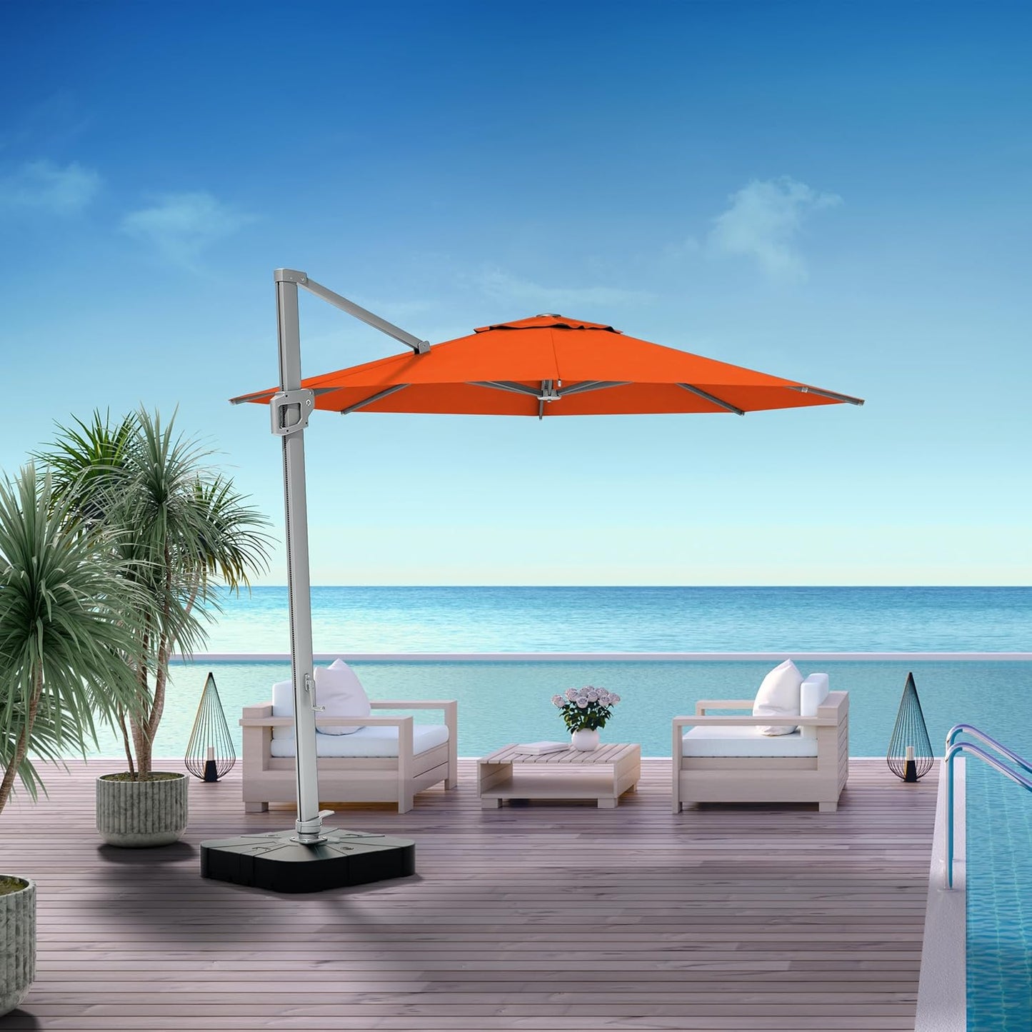 Midtown Umbrellas 10 Ft Outdoor Cantilever Patio Umbrella w/Terylast Sunflower Yellow Fabric - Tilt 360° Offset Patio Umbrella, Deck Patio Umbrella, Backyard Umbrella & Garden Umbrella - Silver Frame