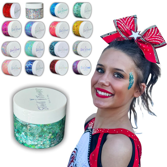 Stunt Trainer Cheer Glitter Face Body Makeup Peel Off Gel Chunky Holographic 15 Colors 1.6oz Vegan Cruelty Free Nontoxic Cheerleader Cheerleading Makeup