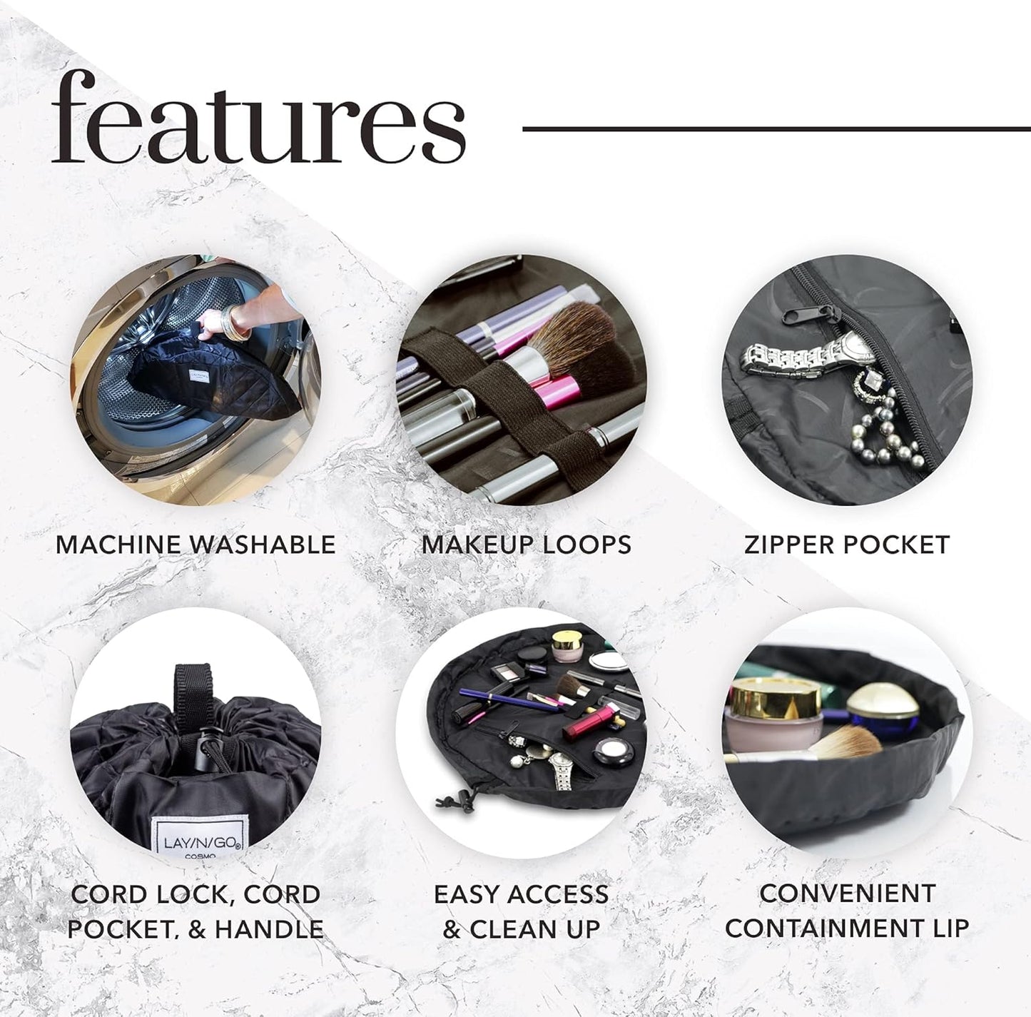 Lay-n-Go Cosmo Drawstring Cosmetic & Makeup Bag Organizer - Portable Drawstring Makeup Bag w/Zipper Pocket, Makeup Loops & More - Durable, Machine Washable Toiletry Bag (20", Comfort/Blue)