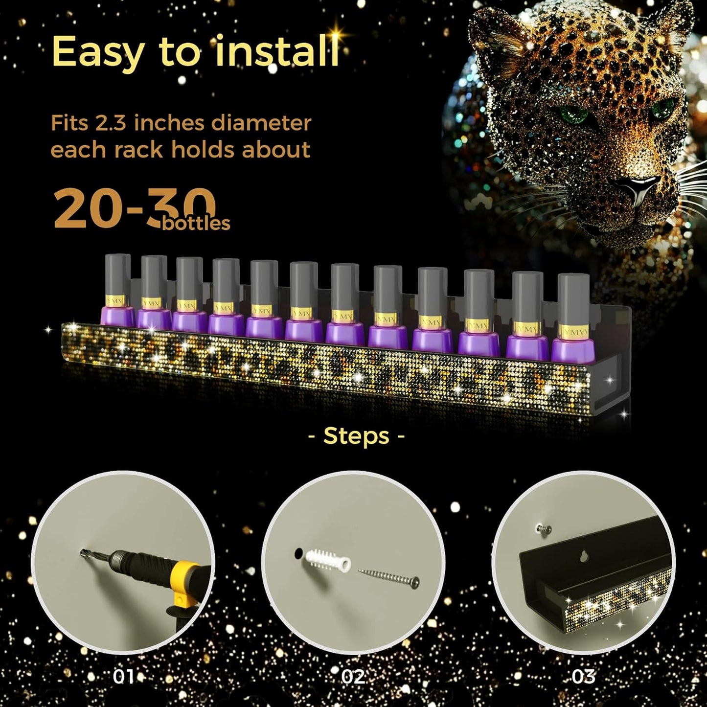 Nail Polish Wall Shelf -15 Inch Acrylic Black with Bling Leopard Print Sparkling Crystal Rhinestone, Essential Oil Organizer, Sunglasses Picture Display, Nail Polish Rack for Bedroom, Studio 4 Pack