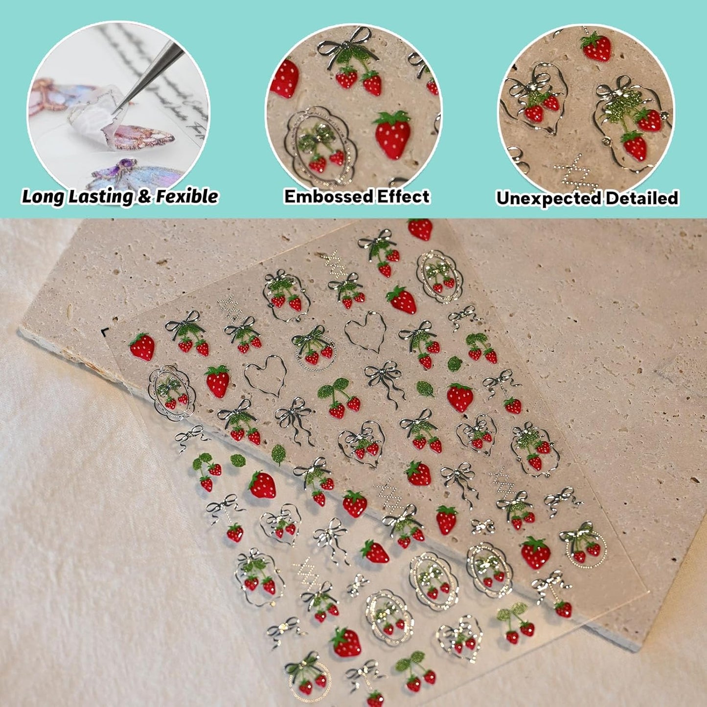 Strawberry Bow Nail Art Stickers, Embossed Fruit Nail Decals, Self-Adhesive, Summer Spring Accessories for Women, Nail Decorations