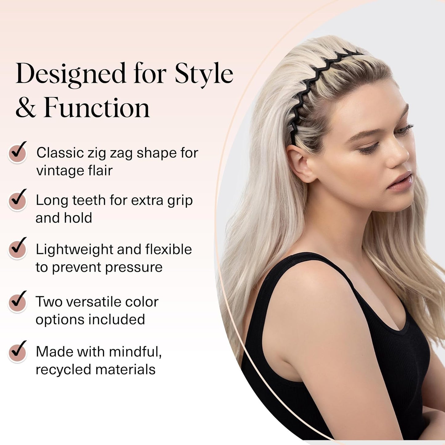Kitsch Zig Zag Headbands for Women Non Slip – Fashion Accessories for Slicked Back Styles - Comfortable Comb Headband with Teeth | Ideal Gifts for Women - Tortoise & Black Headband - 2 pcs