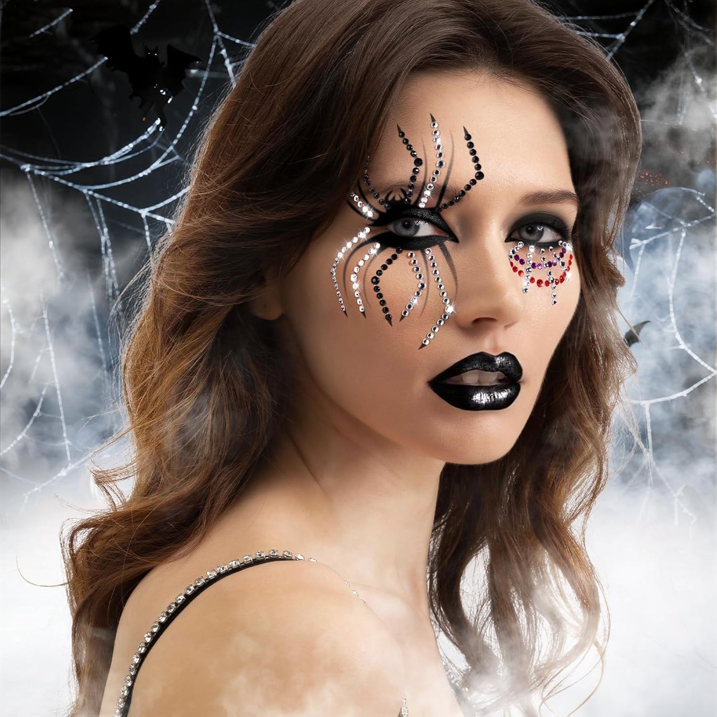 YGDZ Face Gems for Women, Halloween Face Jewels Stickers, 4 Color (Red, Black, Purple, Silver) Spider Web Rhinestones for Face Makeup, Rave Accessories