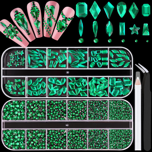 3220Pcs Emerald Green Glass Nail Rhinestones 120Pcs Multi Shapes Flatback Gems Crystal + 3100Pcs 1.5-4mm Round Beads, Manicure Diomand Jewelry Gemstone for Nail Design Makeup Acrylic Nails Decoration