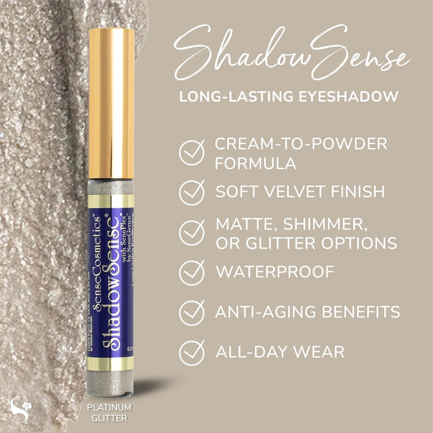 ShadowSense EyeShadow, Platinum Glitter, 0.14 Oz, Shimmer Metallic Cream to Powder Eyeshadow, Long-Lasting, Anti-Aging, Waterproof, Smudge-Proof Formula for Flawless All-Day Wear