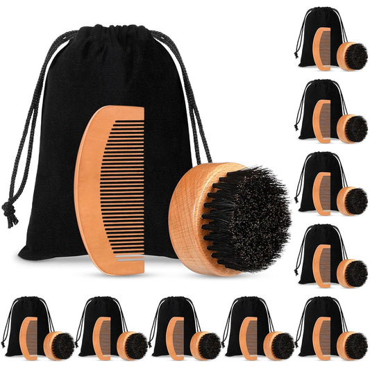 10 Sets Men's Beard Grooming Kit: Natural Boar Bristle Brush, Pear Wood Dual-Sided Wide Tooth Comb, Travel Pouch - Perfect Valentine Gift (Circle)